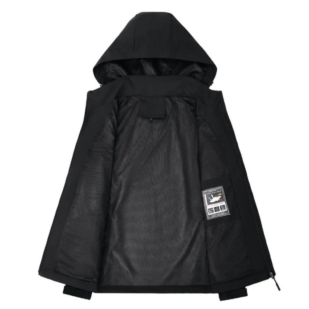 Black hooded jacket shown flat, unzipped, revealing inner lining and label | Chaps London