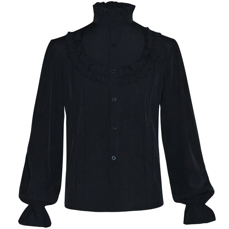 Black ruffled high-collar shirt with long sleeves, shown flat on mannequin form | Chaps London