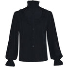 Black ruffled high-collar shirt with long sleeves, shown flat on mannequin form | Chaps London