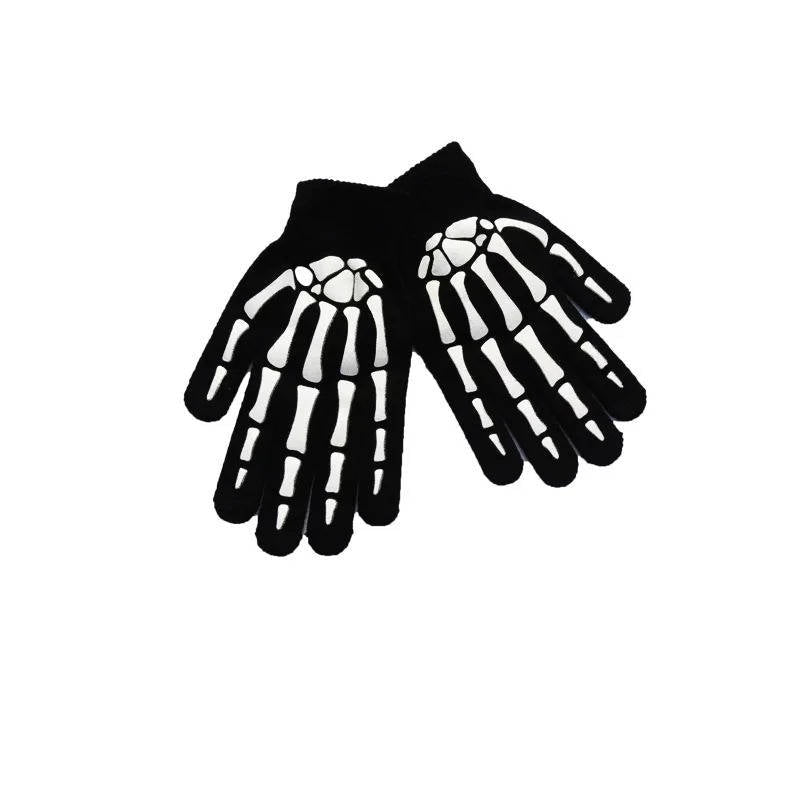 Black knit gloves with white skeleton hand bone print design | Chaps London