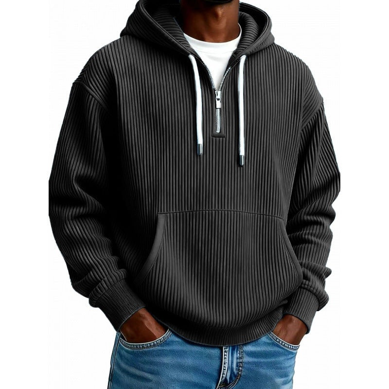 Man wearing dark gray ribbed half-zip hoodie with drawstring hood | Chaps London