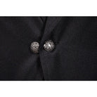Black gothic tailcoat close-up showing two ornate silver-tone buttons worn | Chaps London