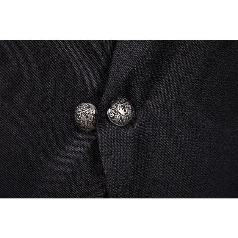 Black gothic tailcoat close-up showing two ornate silver-tone buttons worn | Chaps London