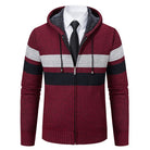 Burgundy zip hoodie with striped pattern and fleece hood, worn by mannequin | Chaps London