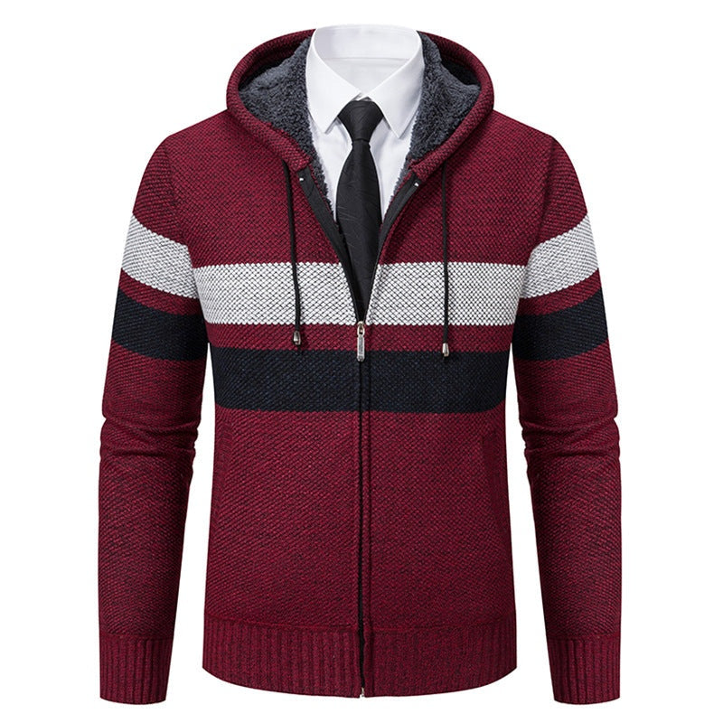 Burgundy zip hoodie with striped pattern and fleece hood, worn by mannequin | Chaps London
