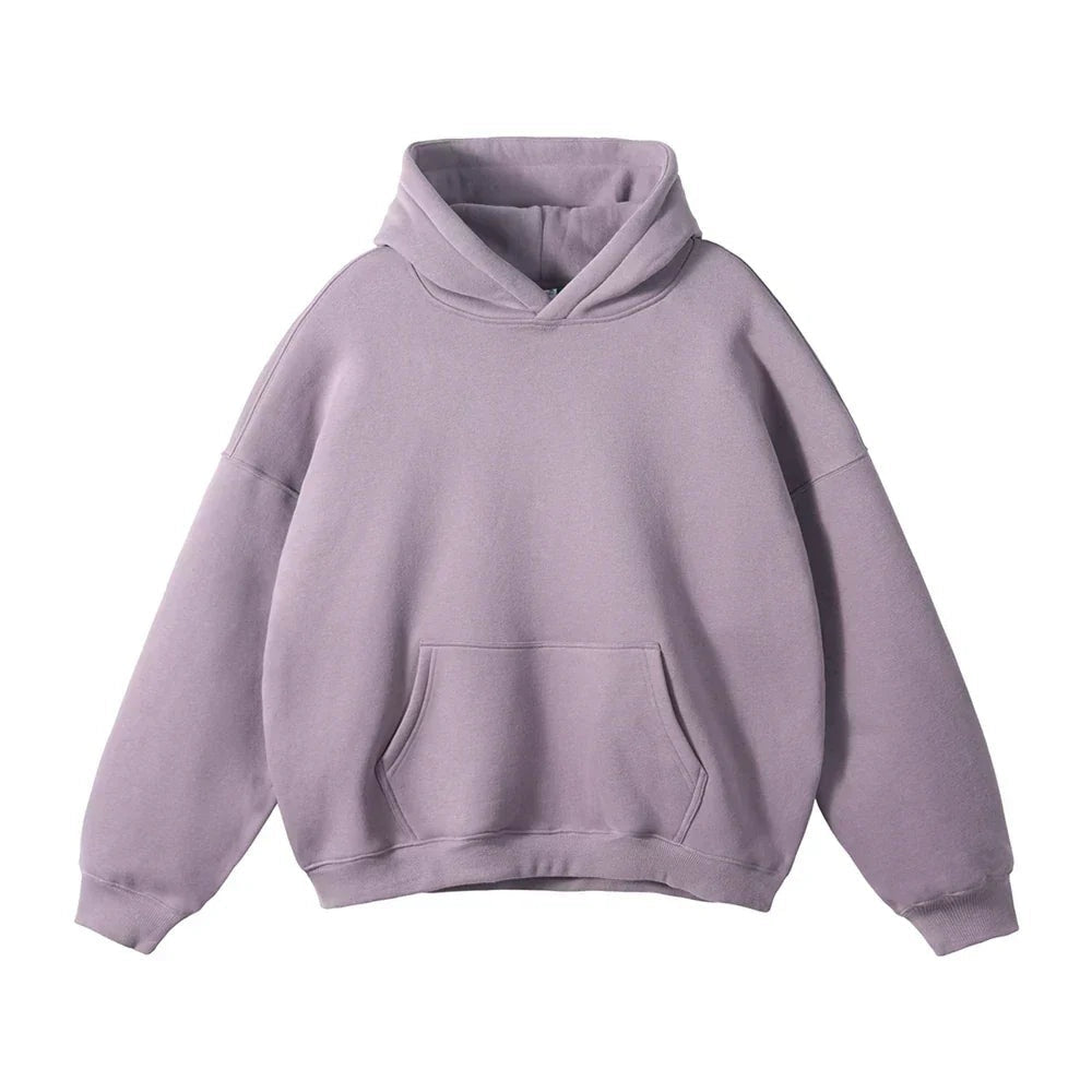 Lavender pullover hoodie with kangaroo pocket, shown flat, plain fabric | Chaps London