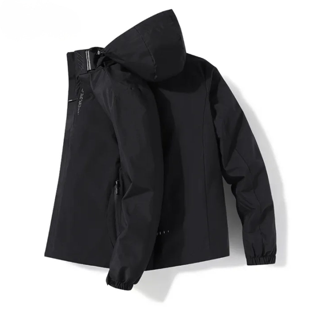 Black hooded waterproof jacket with zip pockets, laid flat open | Chaps London