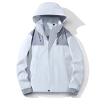 White and grey hooded jacket, flat lay, color-block design with drawstrings | Chaps London
