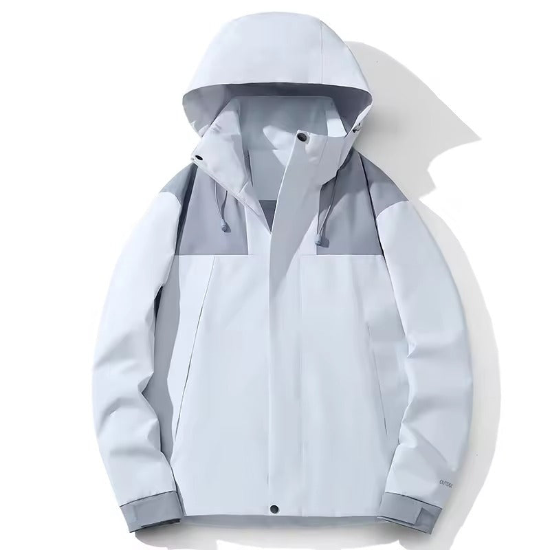 White and grey hooded jacket, flat lay, color-block design with drawstrings | Chaps London