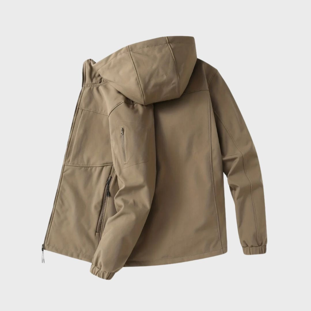 Khaki hooded softshell jacket with zip pocket, shown on mannequin, back view | Chaps London