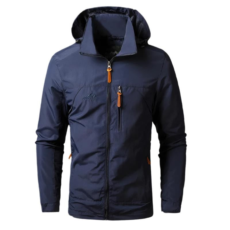 Navy blue hooded jacket with orange zipper pulls, shown on mannequin | Chaps London
