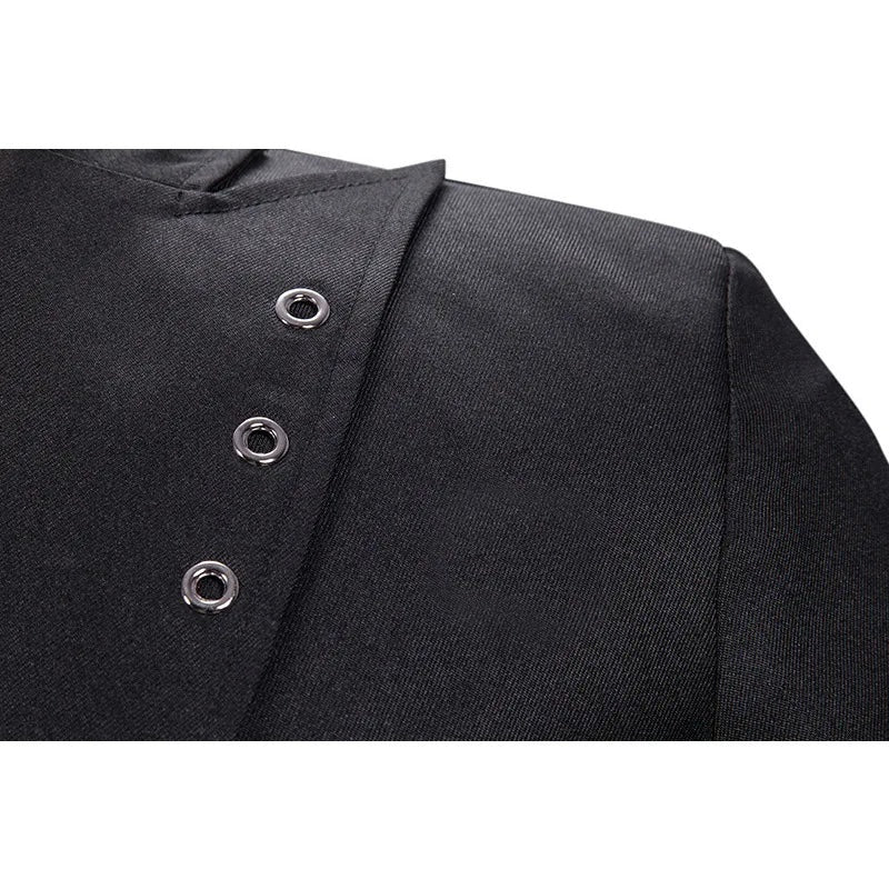 Black asymmetrical jacket with metal grommet buttons, close-up worn by person | Chaps London