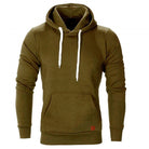 Olive green pullover hoodie with drawstrings, worn by a person, front view | Chaps London