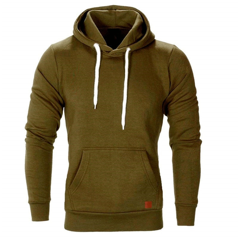 Olive green pullover hoodie with drawstrings, worn by a person, front view | Chaps London