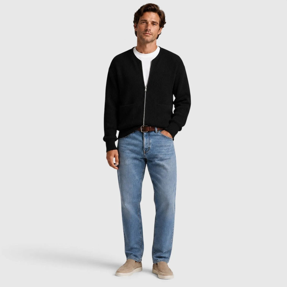 Man wearing black ribbed zip cardigan, white shirt, and blue denim jeans | Chaps London