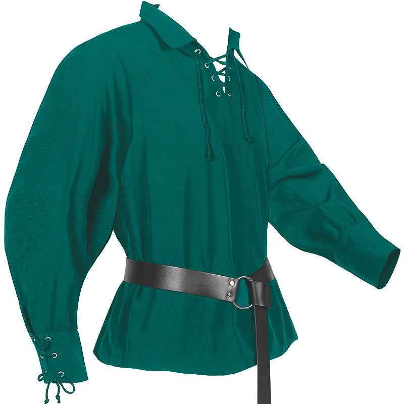 Teal lace-up medieval shirt with long sleeves, worn with black belt | Chaps London