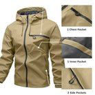 Khaki hooded rain jacket detail shot showing chest pocket, inner pocket, side pockets | Chaps London