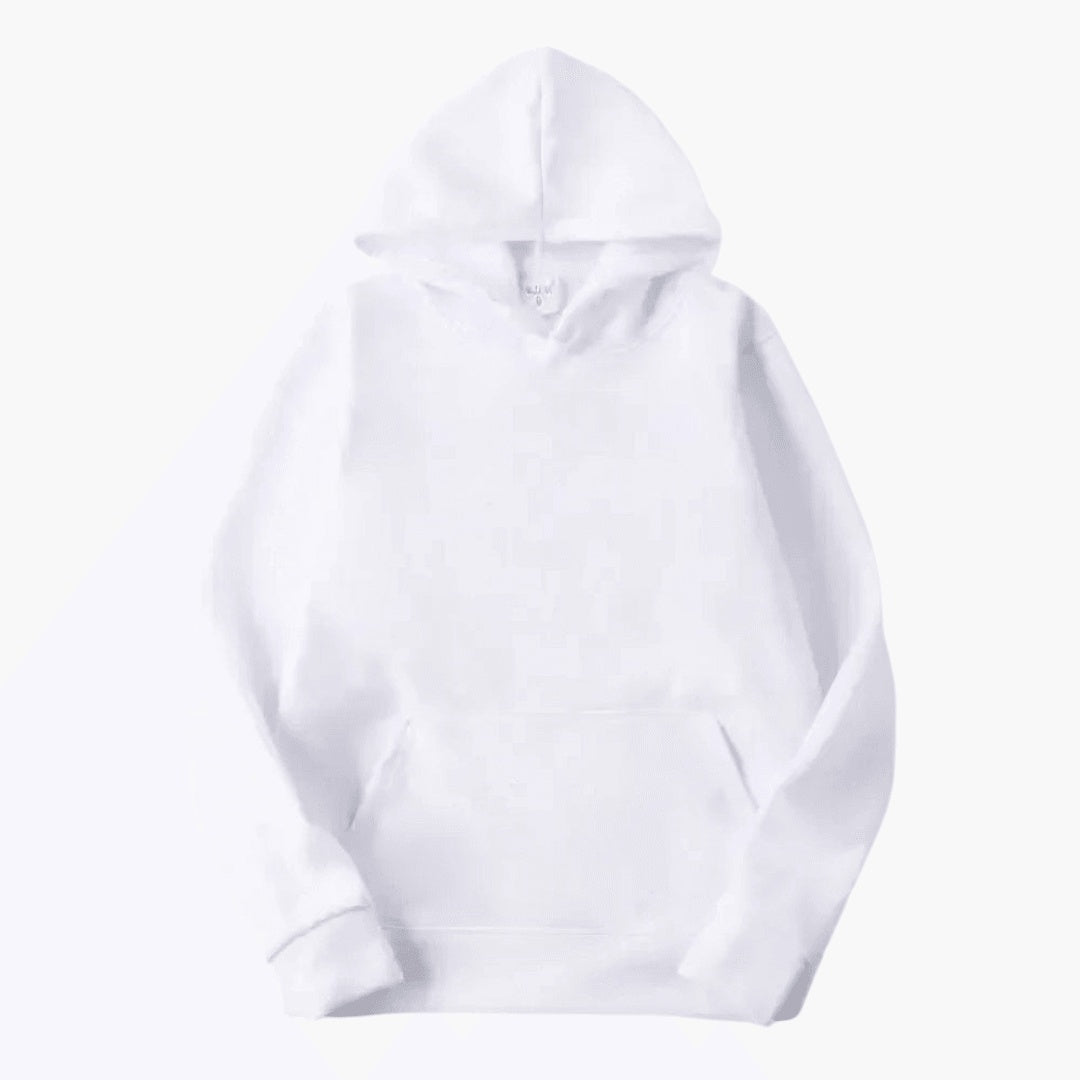 White pullover hoodie with kangaroo pocket, laid flat, plain fabric | Chaps London