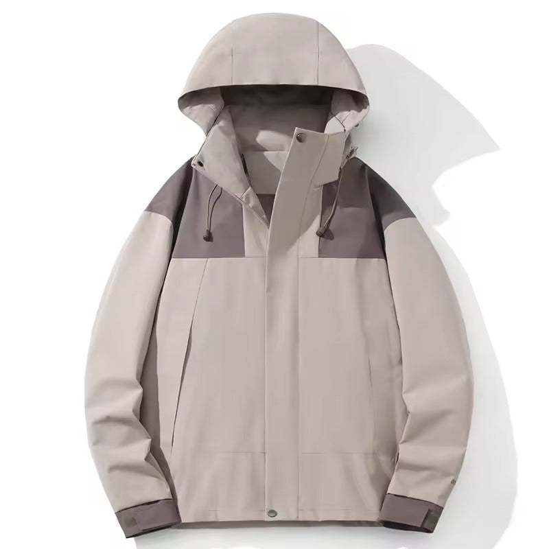 Beige and gray hooded jacket with color-block design, shown on invisible mannequin | Chaps London