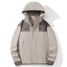 Beige and gray hooded jacket with color-block design, shown on invisible mannequin | Chaps London