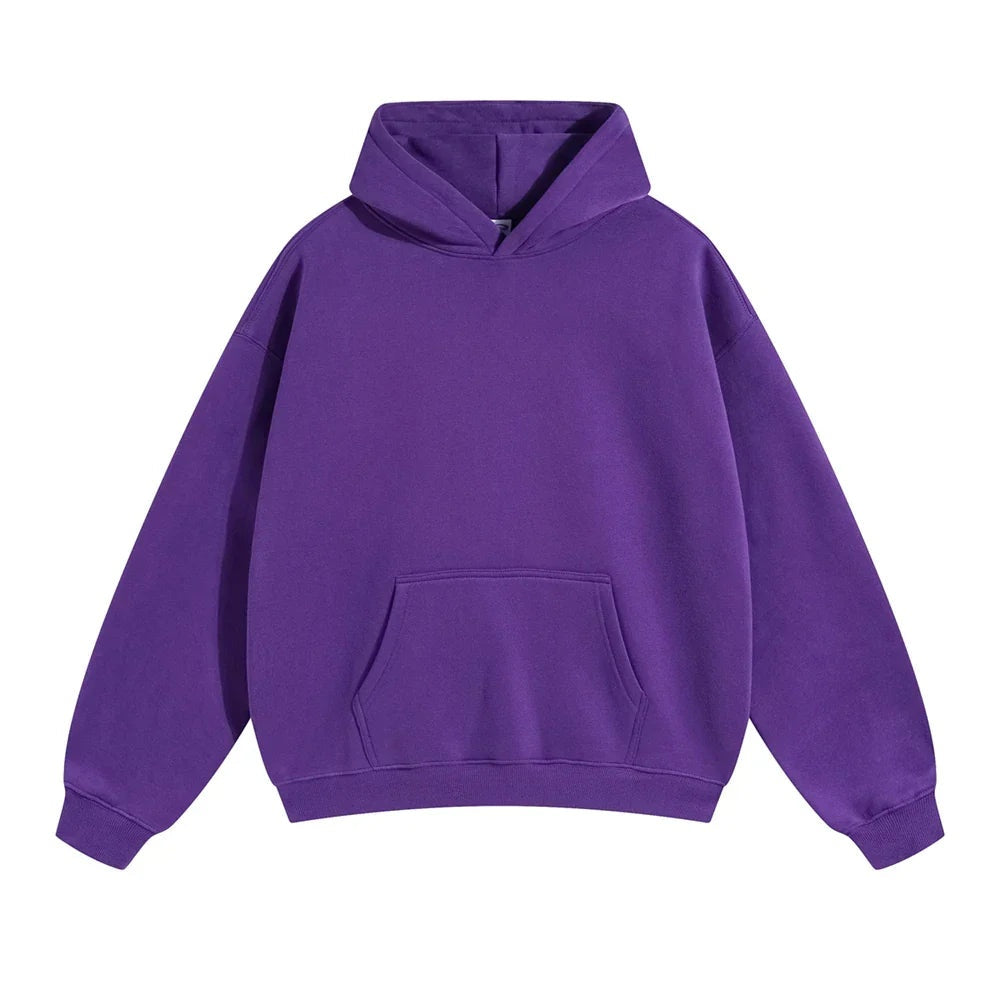 Purple pullover hoodie with kangaroo pocket, shown flat, plain design | Chaps London