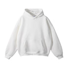 White oversized hoodie with kangaroo pocket, shown flat, front view | Chaps London