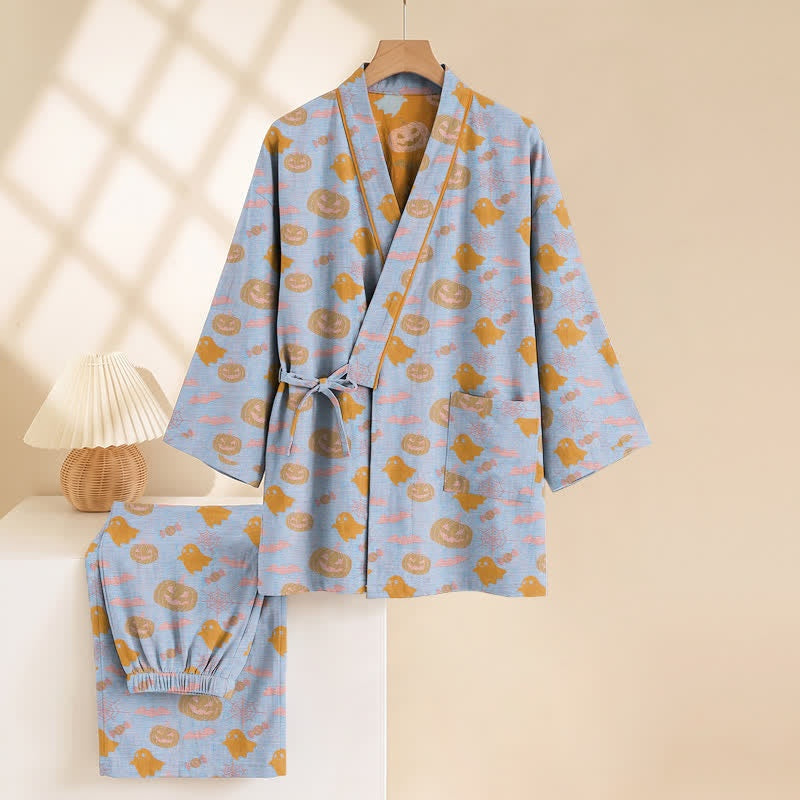 Light blue kimono pyjama set with pumpkin and ghost pattern, displayed on hanger | Chaps London