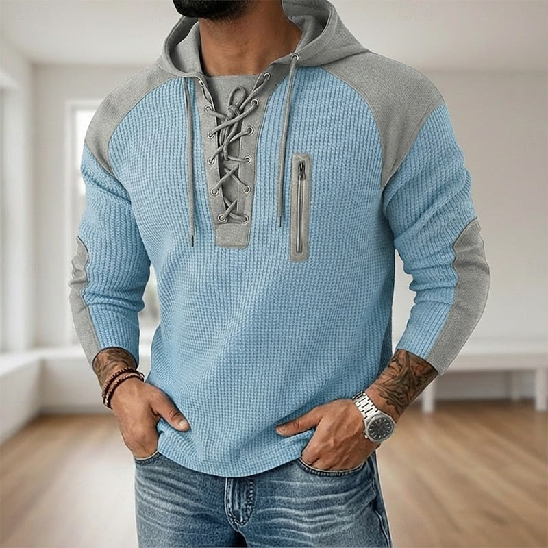 Man wearing light blue waffle-knit hoodie with lace-up neckline, worn casually | Chaps London