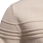 Close-up of beige knitted jumper shoulder with ribbed horizontal stripe detailing | Chaps London