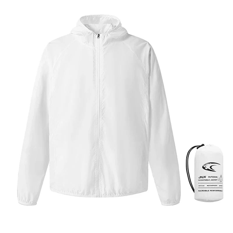 White packable hooded windbreaker jacket shown flat with matching storage pouch | Chaps London