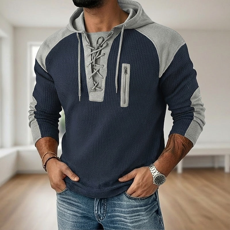 Navy and grey lace-up hoodie worn by man, waffle knit texture | Chaps London