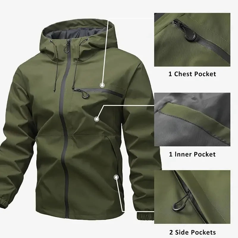 Green hooded rain jacket on mannequin, pocket detail close-ups shown separately | Chaps London