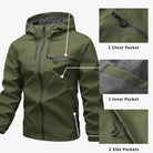 Green hooded rain jacket on mannequin, pocket detail close-ups shown separately | Chaps London