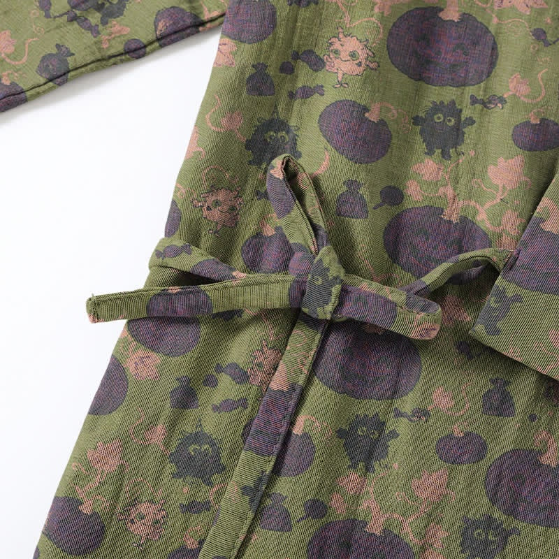 Green kimono robe with purple pumpkin print and tied waist belt | Chaps London