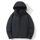 Black hooded waterproof jacket with drawstrings, shown flat on white background | Chaps London