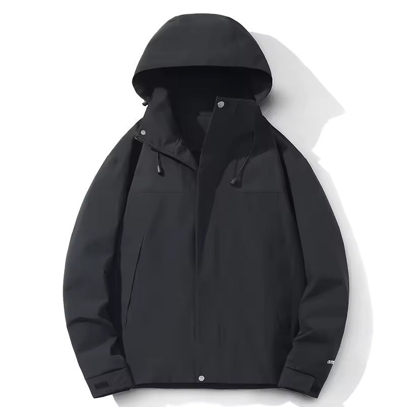 Black hooded waterproof jacket with drawstrings, shown flat on white background | Chaps London