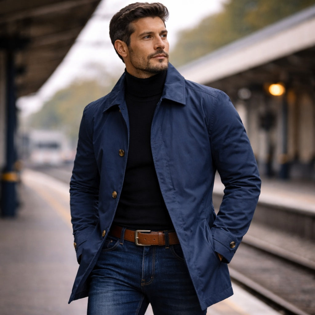 Man wearing navy button-front mac coat with black turtleneck on platform | Chaps London