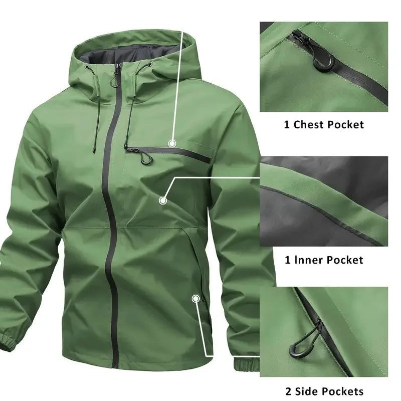Green hooded rain jacket flat lay showing zipper pocket detail close-ups | Chaps London