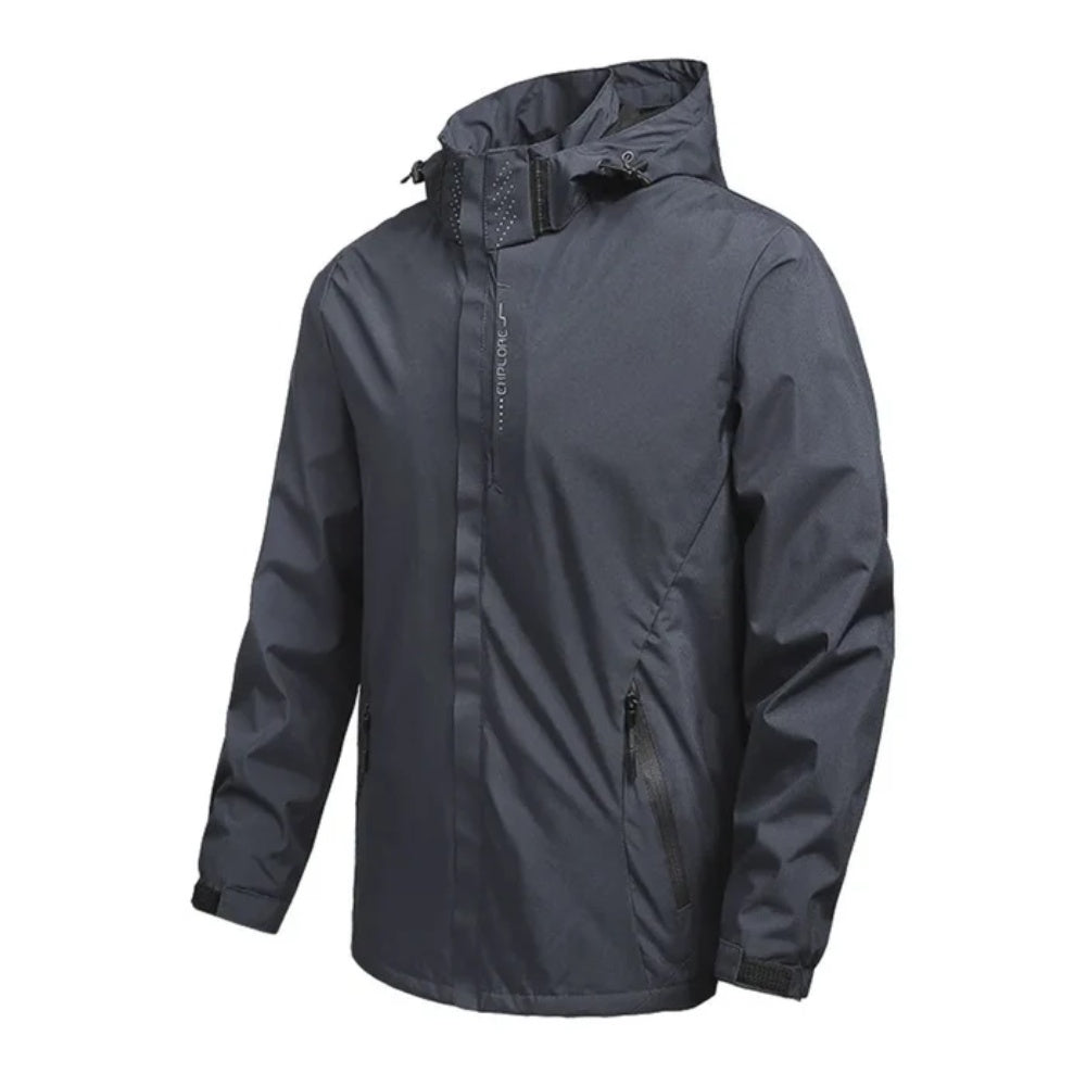 Dark gray hooded waterproof jacket with zip pockets, worn by person | Chaps London