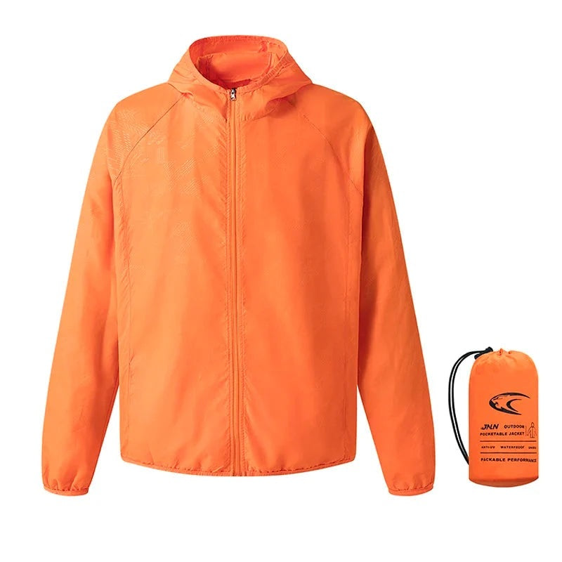 Orange lightweight hooded windbreaker jacket shown flat with matching packable storage pouch | Chaps London