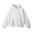 White pullover hoodie with kangaroo pocket, shown flat, front view | Chaps London