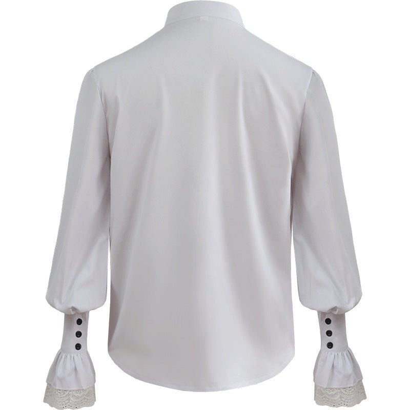 White shirt back view with lace cuffs and button details, worn by model | Chaps London