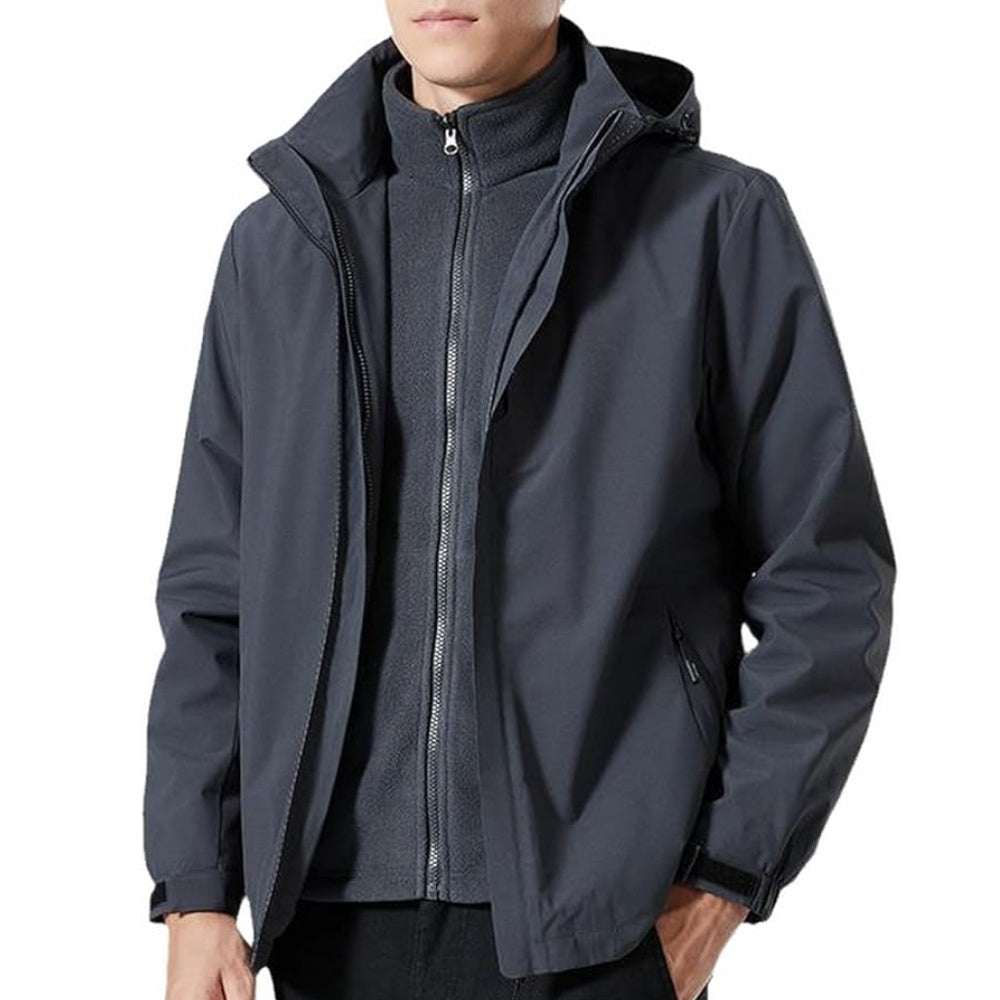 Man wearing dark gray hooded zip-up jacket with black fleece underlayer | Chaps London