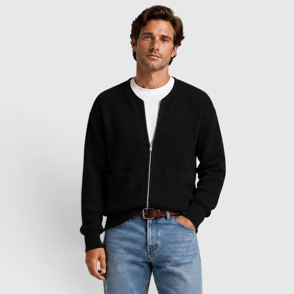 Man wearing black ribbed knit zip cardigan with white shirt and jeans | Chaps London