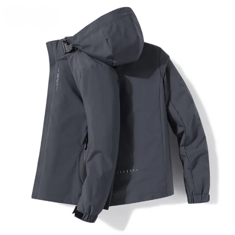 Dark gray hooded jacket with zip pockets, shown flat, folded sleeve | Chaps London