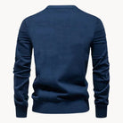 Navy blue knitted crew neck sweater, rear view, worn by person | Chaps London