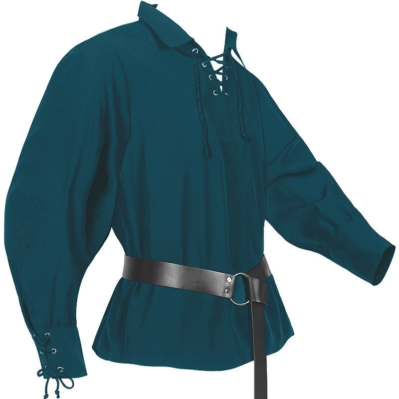 Teal medieval lace-up shirt on mannequin with black belt | Chaps London