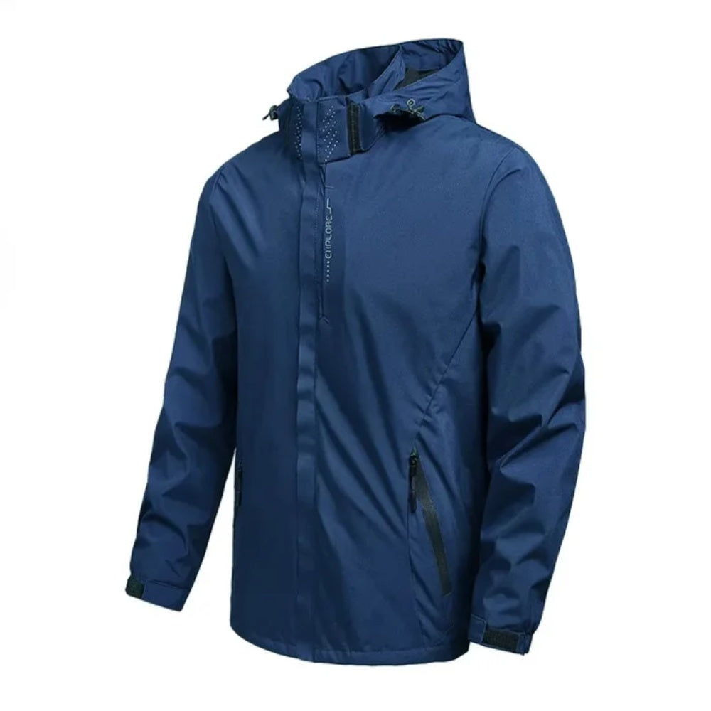 Navy blue hooded jacket with zip pockets, worn by a person | Chaps London