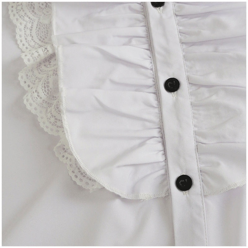 White ruffled shirt placket with black buttons and lace trim detail | Chaps London