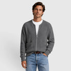 Man wearing gray ribbed knit zip cardigan with white shirt and jeans | Chaps London